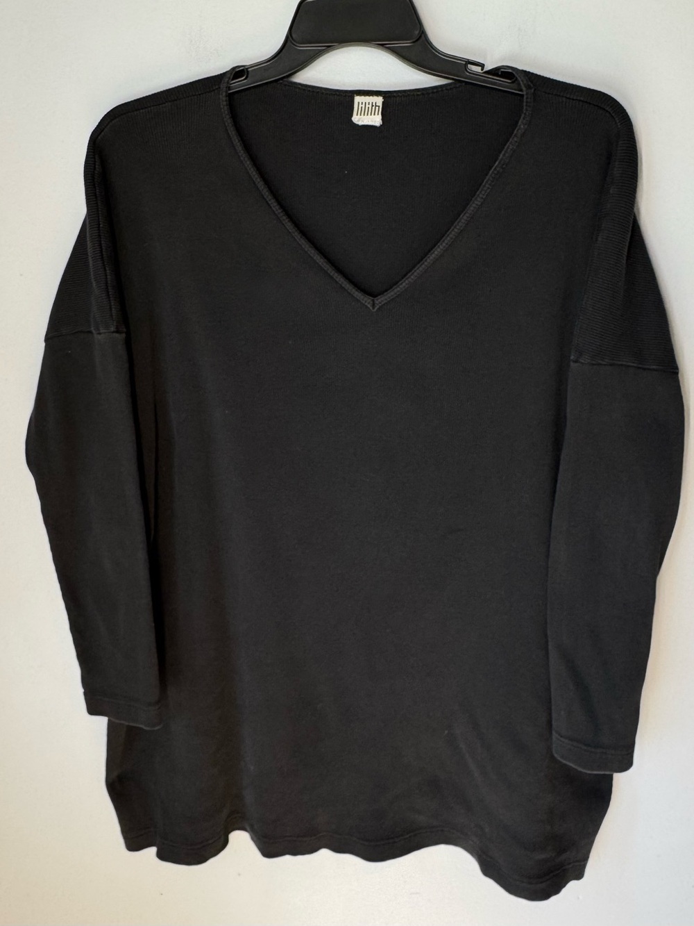 LILITH France Oversized Black Rib Knit Cotton Long Sleeve Top Sz L Paris Luxury